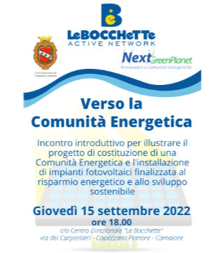 “Verso la Comunità Energetica“ - incontro per illustrare il progetto il 15 settembre alle Bocchette