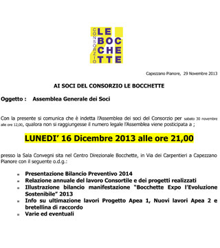 Convocata l'assemblea annuale dei soci del Consorzio per lunedì 16 dicembre 2013